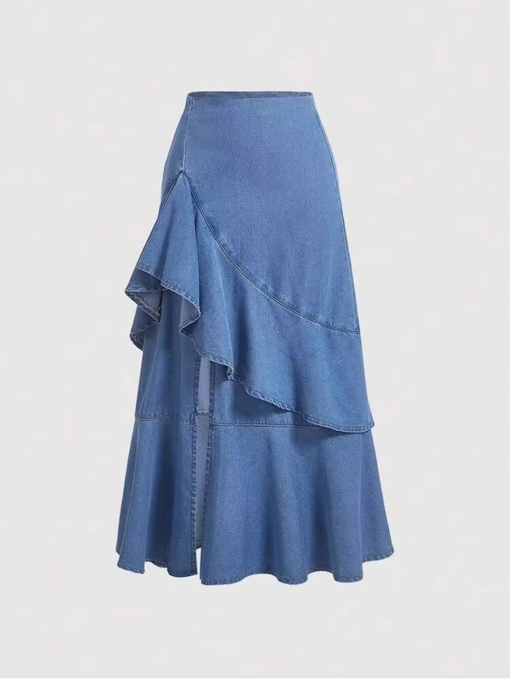 Blue Tiered Ruffle Trim Denim Midi Skirt